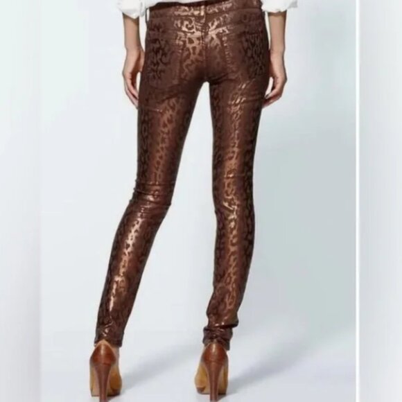 7 For All Mankind Metallic Gold & Brown Animal Leopard Print Skinny Jeans 31/12 - Picture 2 of 11